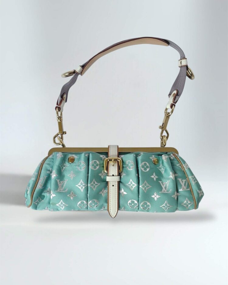 Louis vuitton limited edition baguette aquamar vintage bag front view in silk, 2000s luxury archive piece, curated by Holly Goli