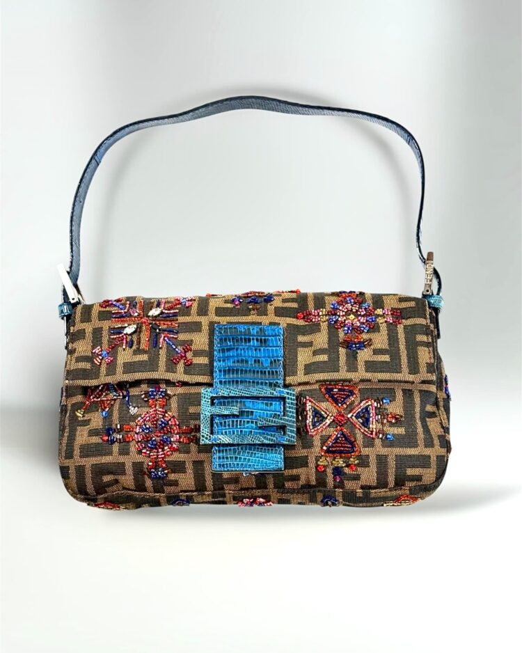 fendi baguette vintage beaded bag lizzard blue handbag front hollygoli